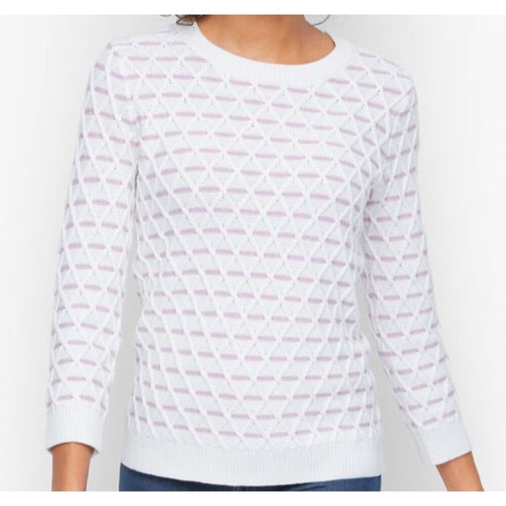 Talbots Pink White Cable Stripe Knit Crewneck Sweater Womens Large